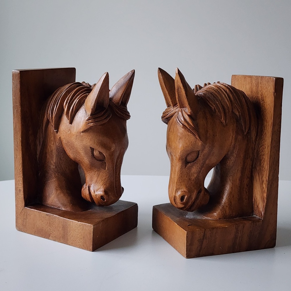 Vintage Horse Bookends Wood Carved Head Sculpture Book Ends Set‎ of 2 Handmade